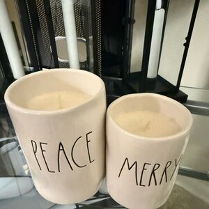NEW Rae Dunn Candles Set  Of 2 _ Peace And Merry White Ceramic Holiday Decor